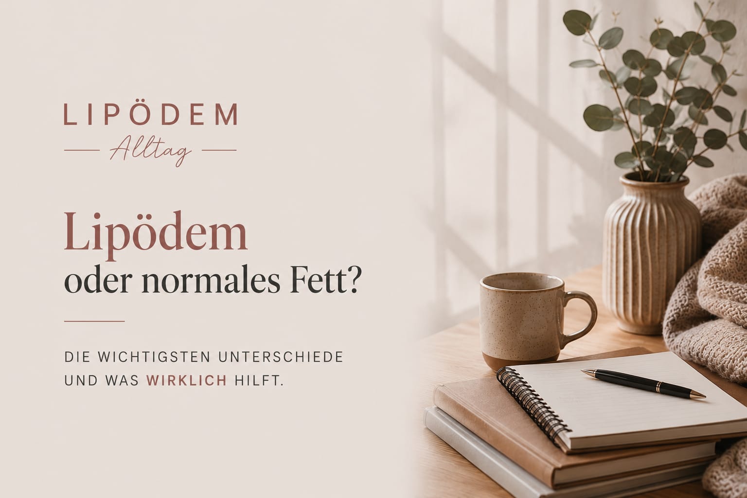 Editorial Beitragsbild zum Thema "Lipödem oder normales Fett" mit warmer minimalistischer Alltagsszene, Notizbuch, Tasse und ruhigem beige-farbenem Interior im Editorial-Stil.
