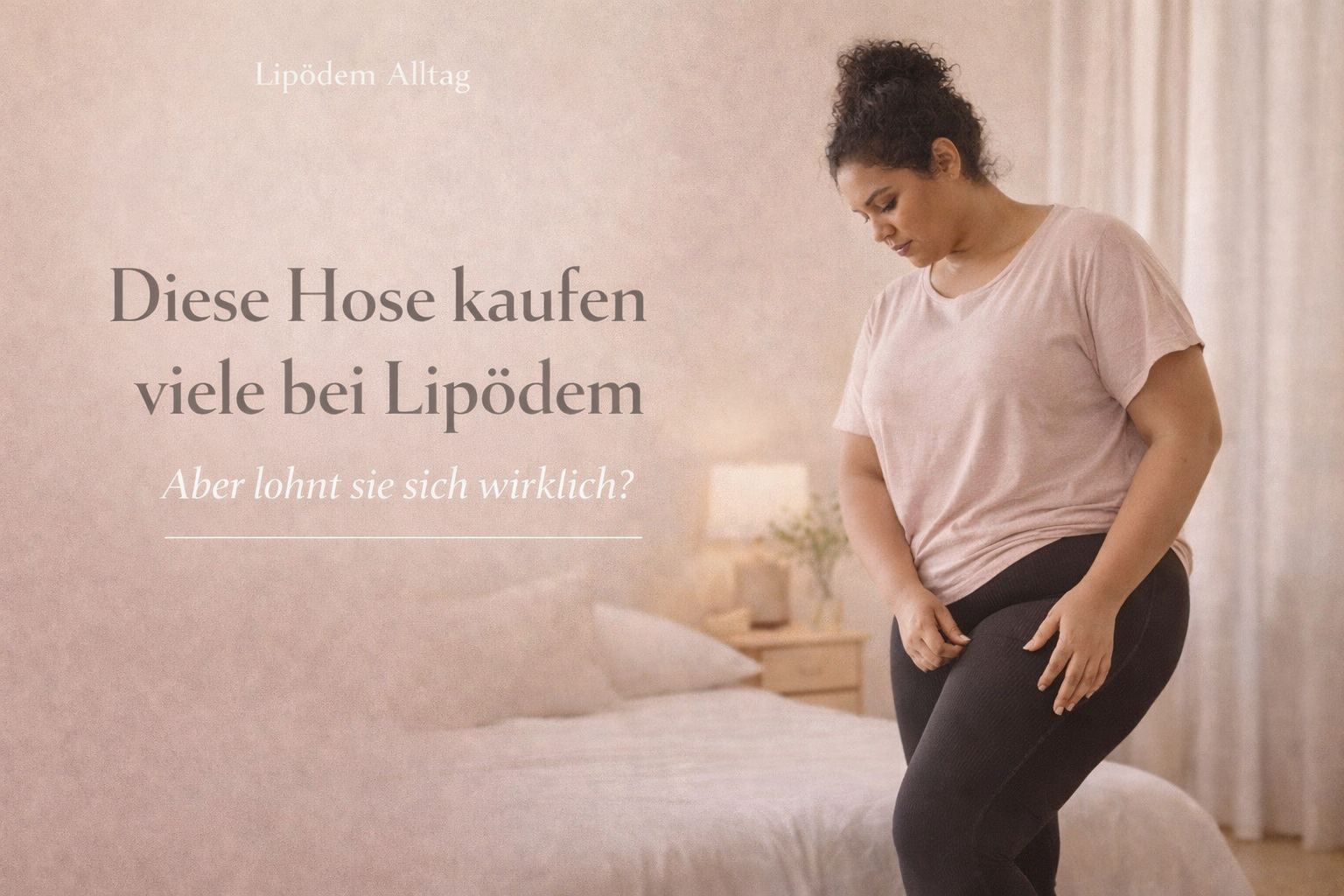 Frau steht zu Hause und schaut nachdenklich auf ihre Beine. Thema: Lipödem und Kompressionshose im Alltag.