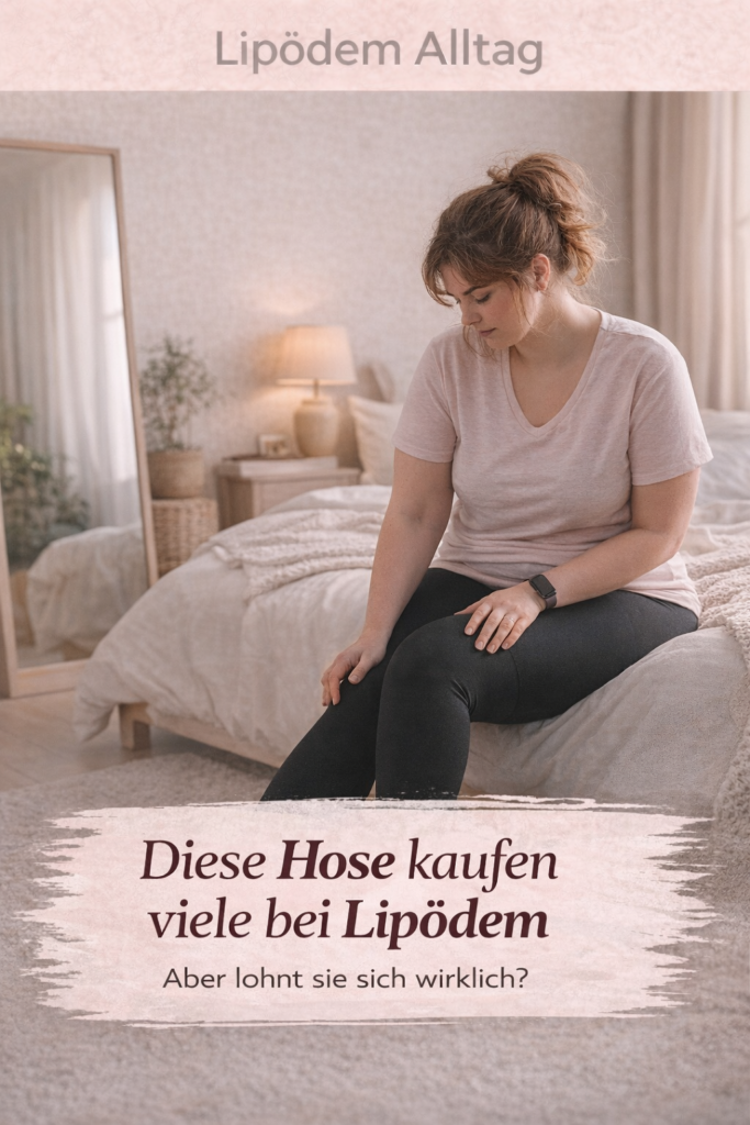Eine Frau sitzt auf ihrem Bett und schaut nachdenklich auf ihre Beine. Sie trägt eine Kompressionshose. Thema: Kompressionshose bei Lipödem.