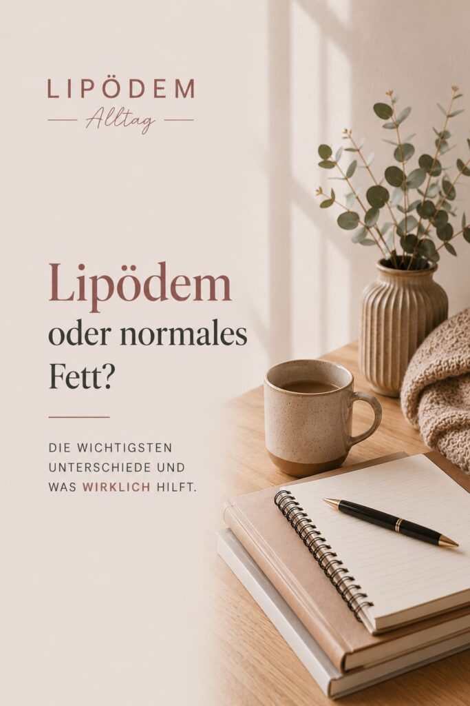 Editorial Beitragsbild zum Thema "Lipödem oder normales Fett?" mit minimalistischer Alltagsszene, Notizbuch, Tasse und warmen Beige- und Rosetönen im ruhigen Health-Blog-Stil.