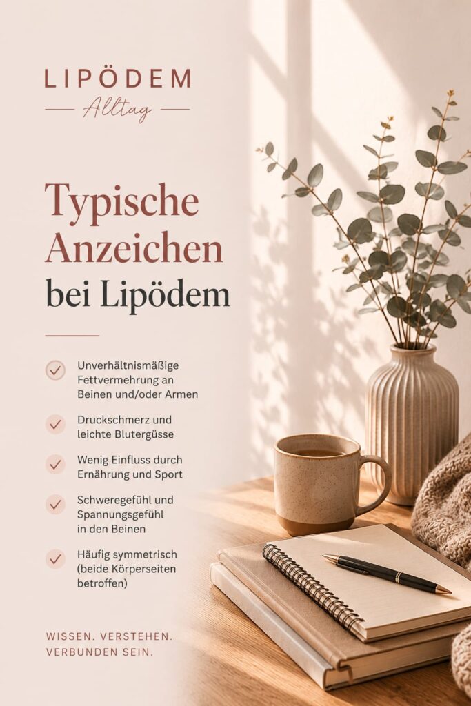 Editorial Pinterest-Pin zum Thema "Typische Anzeichen bei Lipödem" mit minimalistischer Alltagsszene, Tasse, Notizbuch und einigen Zweigen Eukalytus. Das ruhige Interior in warmen Beige- und Rosetönen im hochwertigen Health-Blog-Stil rundet das Bild ab.