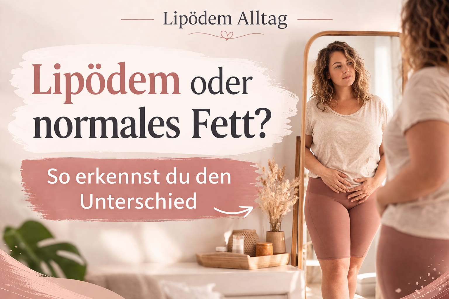 Frau betrachtet ihre Beine im Spiegel. Der Unterschied zwischen Lipödem und normalem Fett steht im MIttelpunkt.