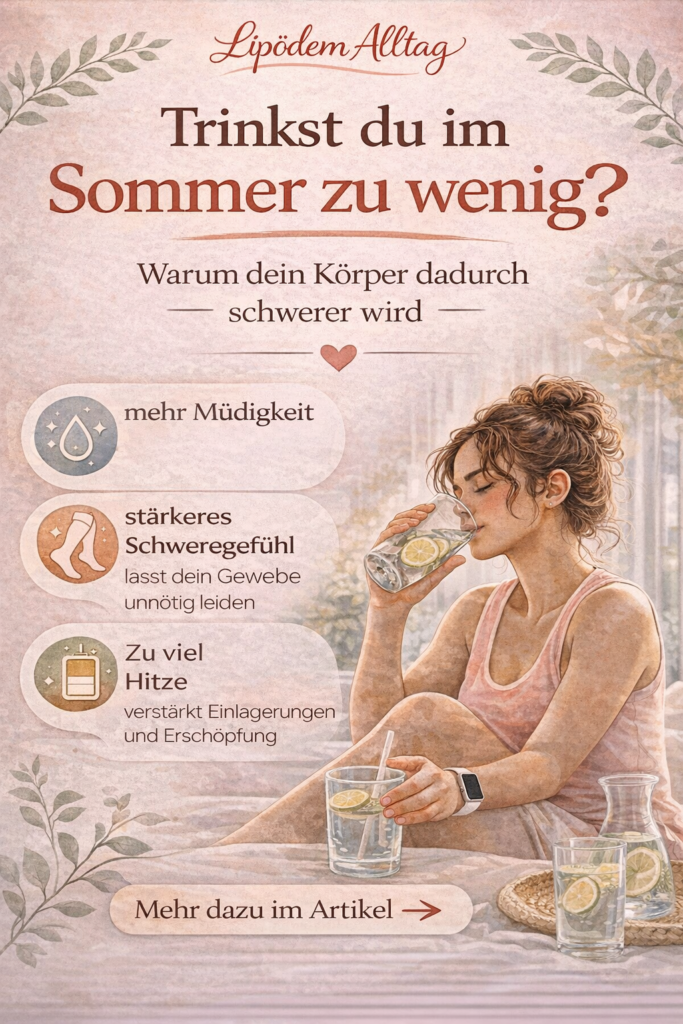 Infografik zu Lipödem im Sommer: Frau trinkt Wasser, Hinweis auf Symptome wie Müdigkeit und Schweregefühl bei zu geringer Flüssigkeitszufuhr