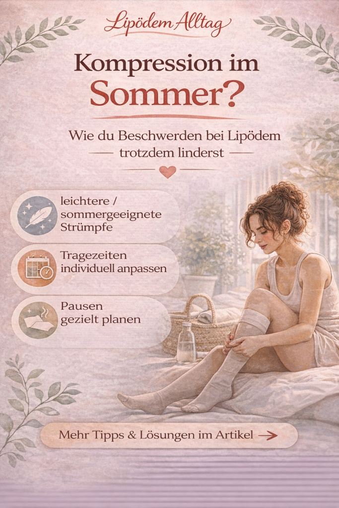 Frau zieht im Sommer Kompressionsstrümpfe an, Infografik zu Lipödem mit Tipps wie leichtere Strümpfe, angepasste Tragezeiten und geplante Pausen