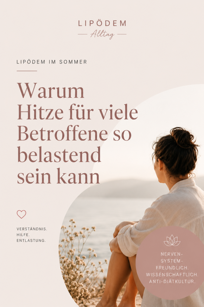 Editorial-Pinterest-Pin zu Lipödem im Sommer: Eine Frau sitzt ruhig am Meer bei warmem Abendlicht. Minimalistisches Design in Beige- und Rosétönen mit dem Text ‚Warum Hitze für viele Betroffene so belastend sein kann‘