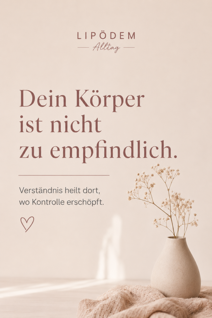 Minimalistischer Pinterest-Pin in warmen Beige- und Rosétönen mit der Aussage „Dein Körper ist nicht zu empfindlich“. Der Pin zeigt eine ruhige Vase mit getrockneten Blumen im Editorial-Stil und vermittelt eine sanfte, nervensystemfreundliche Ästhetik zum Thema Lipödem, Selbstverständnis und körperliche Entlastung