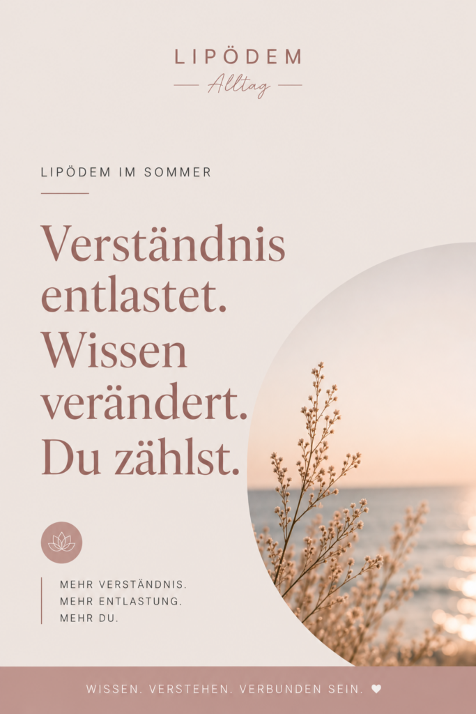 Minimalistischer Pinterest-Pin zu Lipödem im Sommer in ruhigem Editorial-Design. Beige- und Rosétöne mit Küstenmotiv und dem Text ‚Verständnis entlastet. Wissen verändert. Du zählst.‘