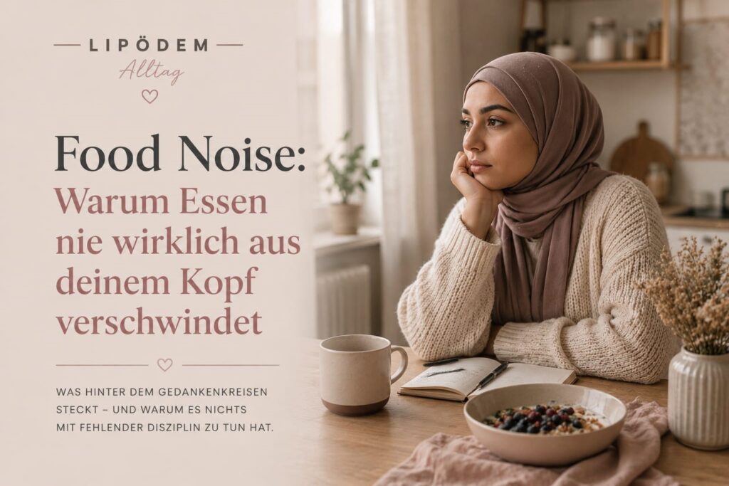 Beitragsbild zum Artikel über Food Noise bei Lipödem: Eine nachdenkliche Frau mit Hijab sitzt in einer warmen Küchenszene am Tisch. Das Bild symbolisiert Grübeln über Essen, inneren Stress und den mentalen Druck rund um Food Noise, emotionales Essen und chronische Erschöpfung.