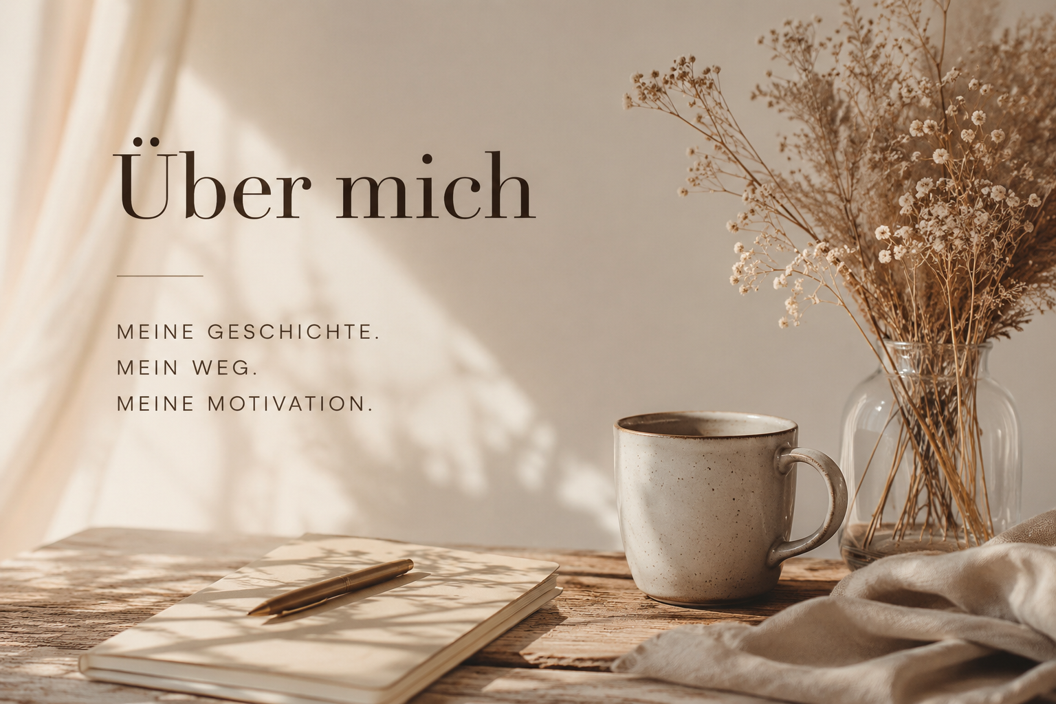 Minimalistisches Beitragsbild der „Über mich“-Seite von Lipödem Alltag mit warmen Naturtönen, Tasse, Notizbuch und der Überschrift „Über mich“ im ruhigen Editorial-Stil.