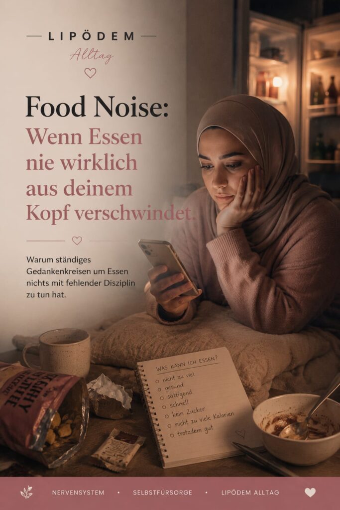 Pinterest-Pin zum Thema Food Noise bei Lipödem: Eine nachdenkliche Frau mit Hijab sitzt nachts mit Handy, Snacks und Notizbuch am Tisch. Der Pin thematisiert ständiges Gedankenkreisen um Essen, emotionalen Stress, Kontrolle und die psychische Belastung durch Food Noise.
