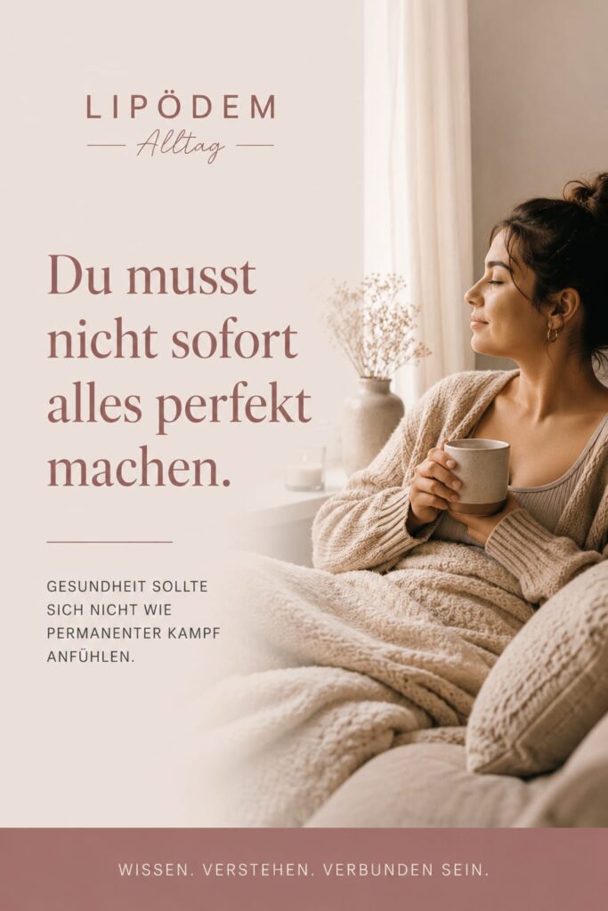 Minimalistischer Editorial-Pin zum Thema Lipödem Verdacht mit ruhiger entspannter Frau in warmer Beige- und Rosé-Atmosphäre und der Aussage „Du musst nicht sofort alles perfekt machen.“