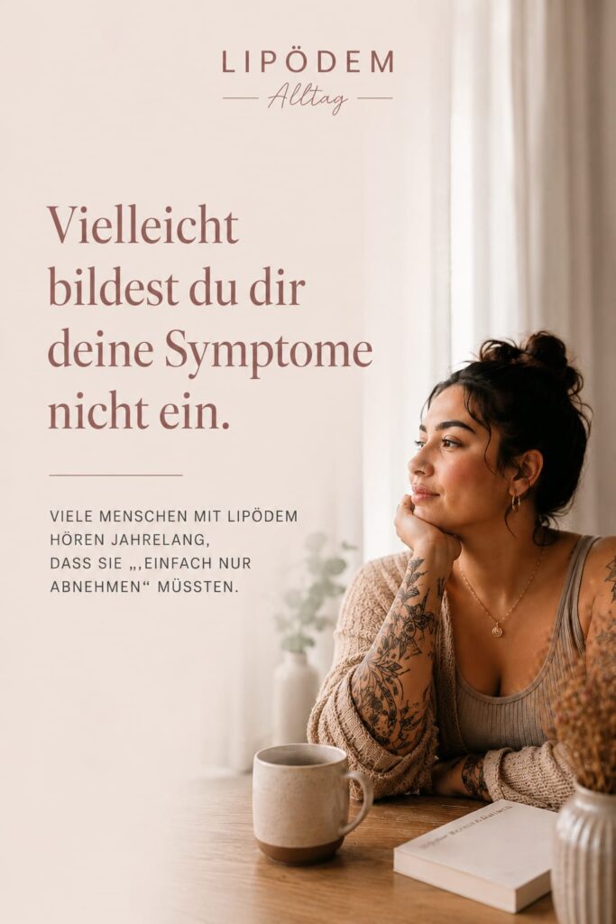 Editorial-Pin zum Thema Lipödem Verdacht mit nachdenklicher Frau am Fenster und der Aussage „Vielleicht bildest du dir deine Symptome nicht ein.“ Warme Beige- und Rosétöne im ruhigen Magazin-Stil.