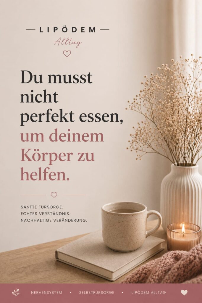 Beruhigender Pinterest-Pin im minimalistischen Editorial-Stil zum Thema Food Noise und Selbstfürsorge. Der Pin enthält die Botschaft „Du musst nicht perfekt essen, um deinem Körper zu helfen“ und zeigt eine ruhige Szene mit Kerze, Tasse und warmen Beige- und Rosétönen. Thema sind Entlastung, Selbstfürsorge und ein sanfter Umgang mit Essen bei Lipödem und chronischem Stress.