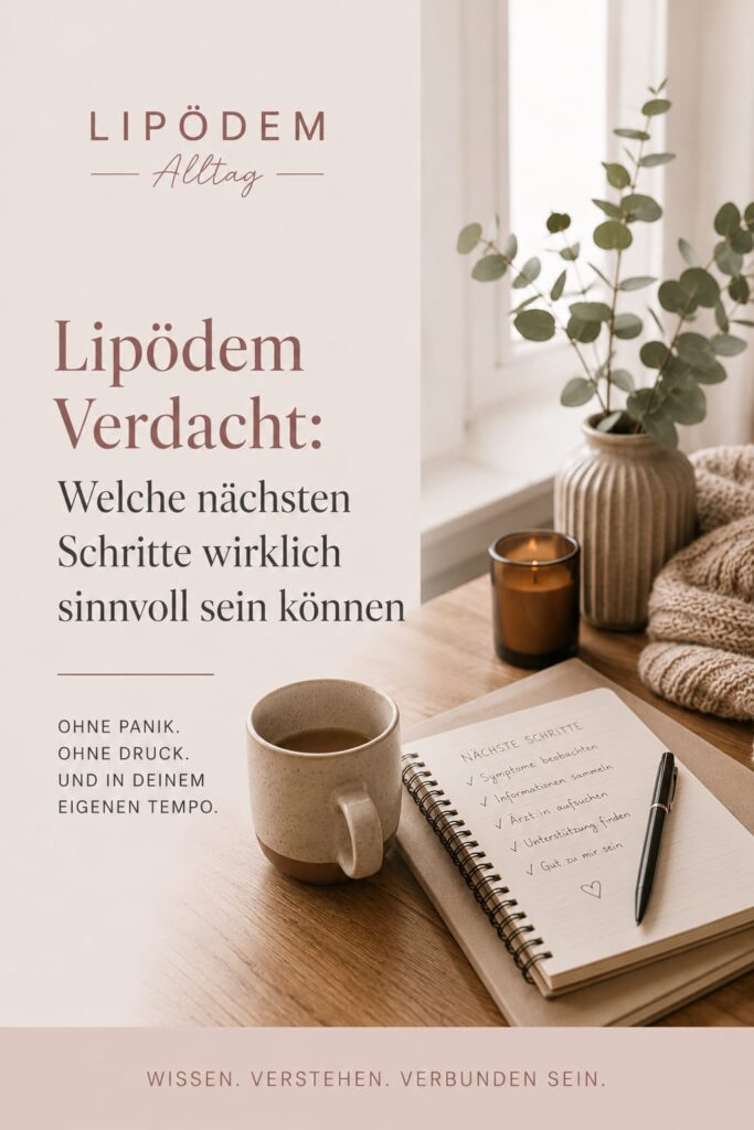 Editorial-Pin zum Thema Lipödem Verdacht mit ruhiger Schreibtischszene, Notizbuch und der Aussage „Welche nächsten Schritte wirklich sinnvoll sein können“. Warme Beige- und Rosétöne im minimalistischen Magazin-Stil.