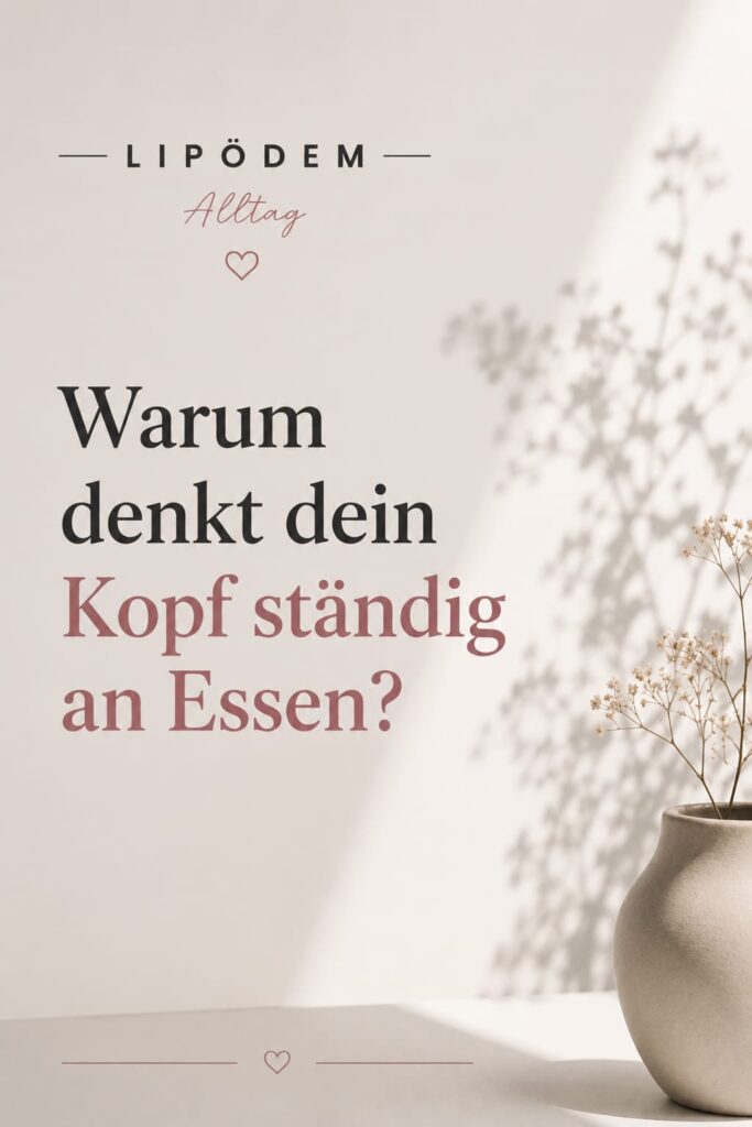 Minimalistischer Pinterest-Pin zum Thema Food Noise und Nervensystem: Der Pin zeigt die Frage „Warum denkt dein Kopf ständig an Essen?“ in ruhigem Editorial-Design mit warmen Beige- und Rosétönen. Er thematisiert Gedankenkreisen um Essen, emotionalen Stress und Food Noise bei Lipödem.
