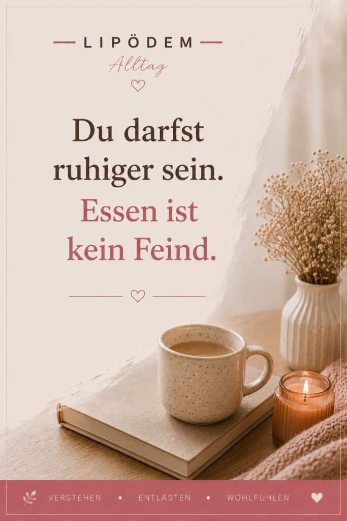 Ruhiger Pinterest-Pin im Editorial-Stil von Lipödem Alltag zum Thema Ernährungsangst, Food Noise und emotionaler Stress bei Lipödem. Warme Beige- und Rosétöne mit Teetasse, Kerze und entspannter Atmosphäre. Der Pin vermittelt Selbstmitgefühl und einen ruhigeren Umgang mit Essen statt Kontrolle und Diätdruck.
