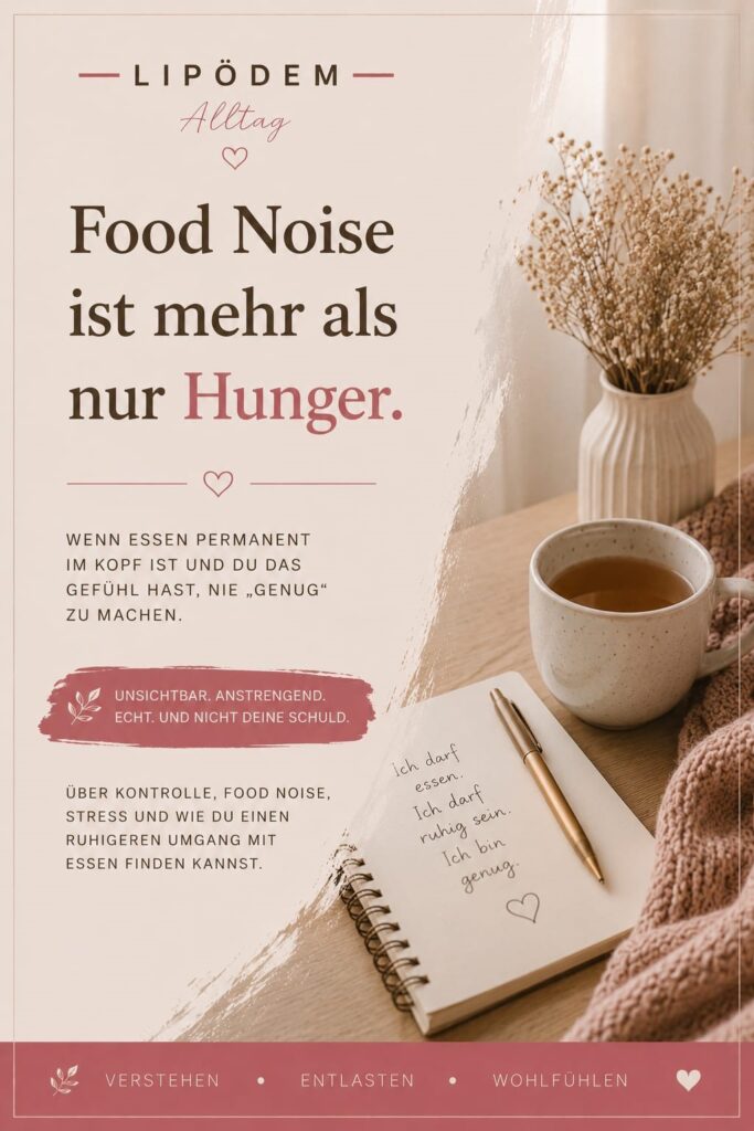 Pinterest-Pin im ruhigen Editorial-Stil von Lipödem Alltag zum Thema Food Noise, emotionales Essen und Ernährungsdruck bei Lipödem. Warme Beige- und Rosétöne mit Tee, Notizbuch und beruhigender Atmosphäre. Der Pin thematisiert das Gefühl, ständig an Essen denken zu müssen und nie „genug“ zu machen.
