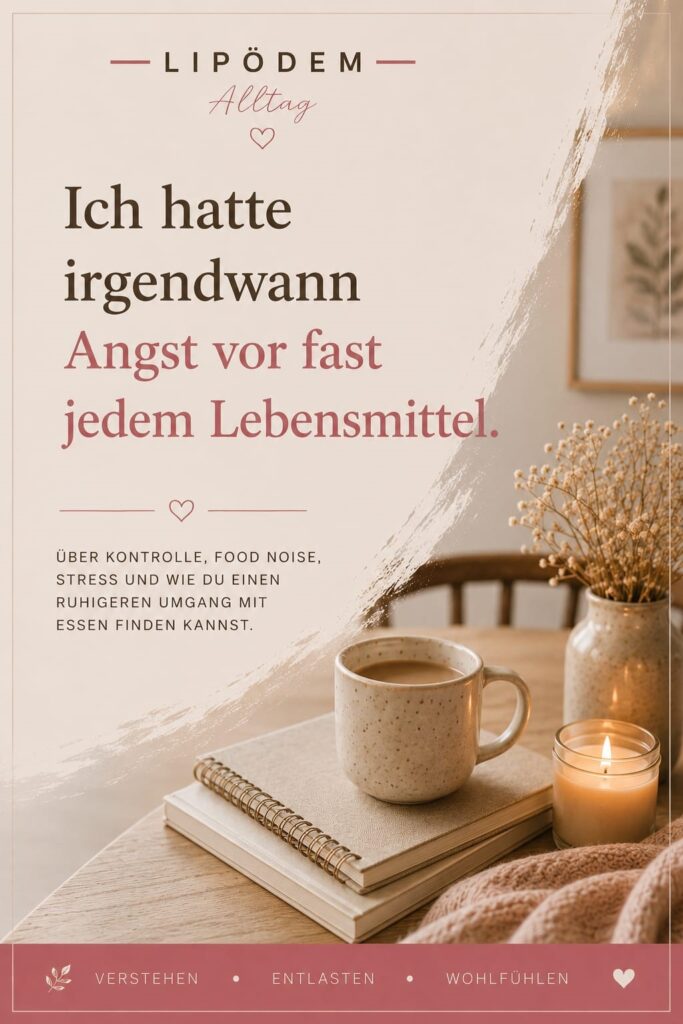Editorial-Pinterest-Pin zum Thema  Lipödem und Angst vor Essen. Ruhiges beigefarbendes Design mit der Aufschrift "Ich hatte irgendwann Angst vor fast jedem Lebensmittel" und einer warmen Alltagsszene mit Tasse, Kerze und Notizbuch im Stil von Lipödem Alltag.