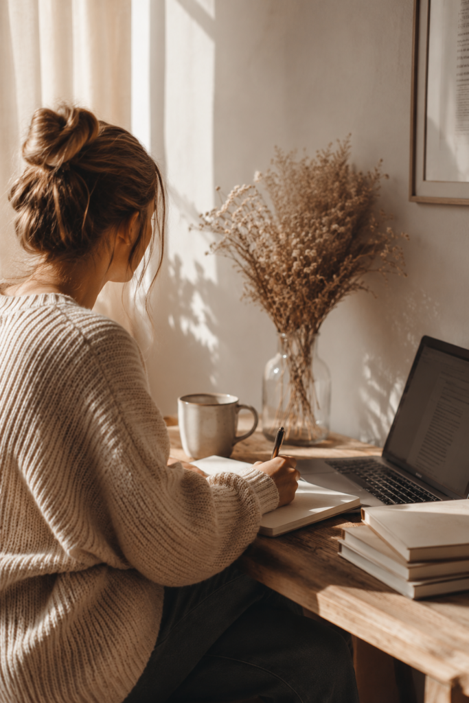 Pina sitzt in warmer Abendsonne an einem Schreibtisch und schreibt in ein Notizbuch. Ruhige Beige- und Naturtöne, Bücher und Laptop schaffen eine persönliche und hochwertige Editorial-Atmosphäre.
