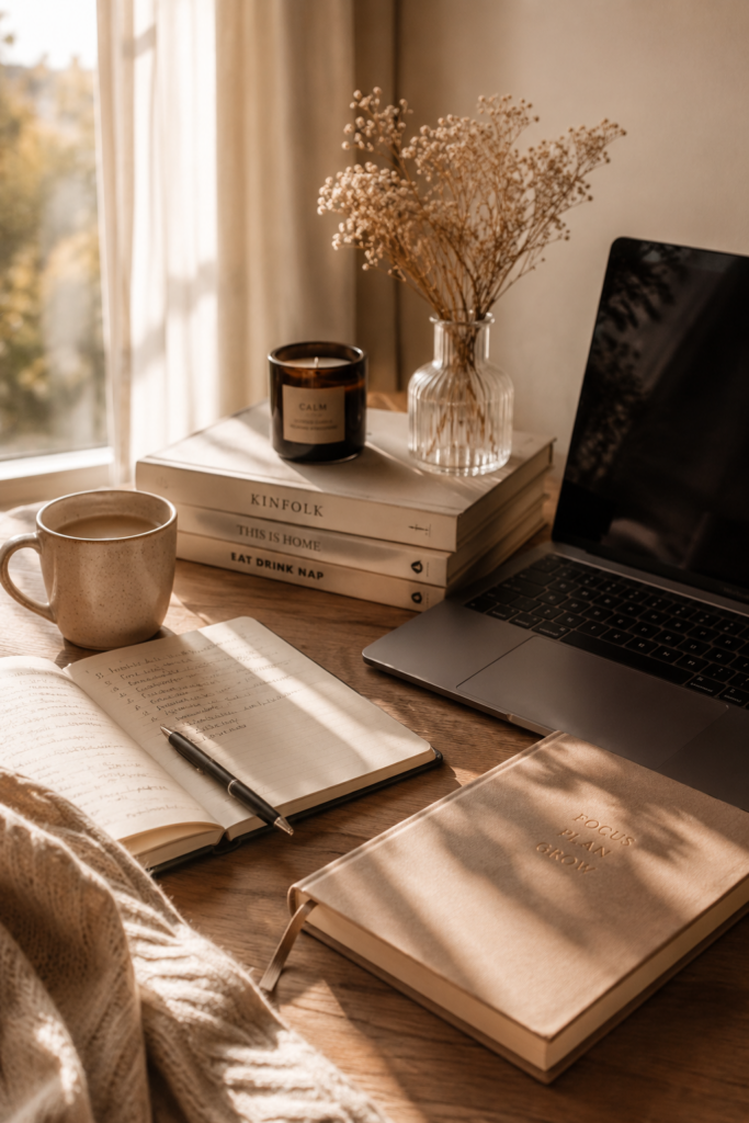 Ruhiger Arbeitsplatz mit Notizbuch, Büchern, Laptop, Kaffee und warmem Sonnenlicht in Beige- und Naturtönen im minimalistischen Editorial-Stil.